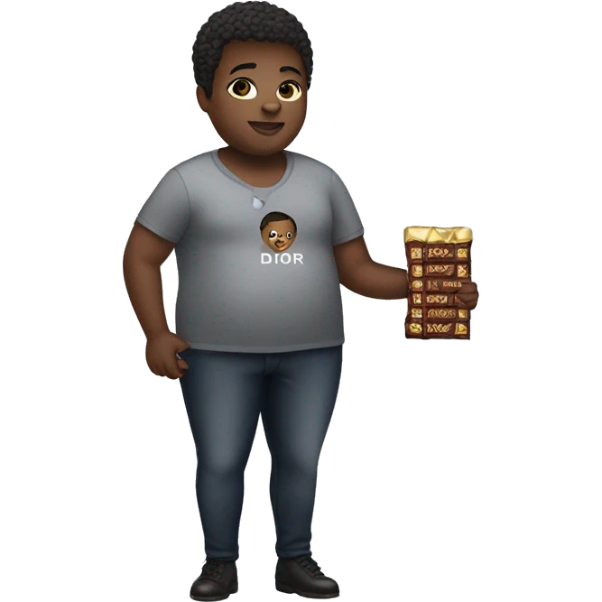 Fat African American with short hair holding a chocolate bar in a Dior shirt  emoji