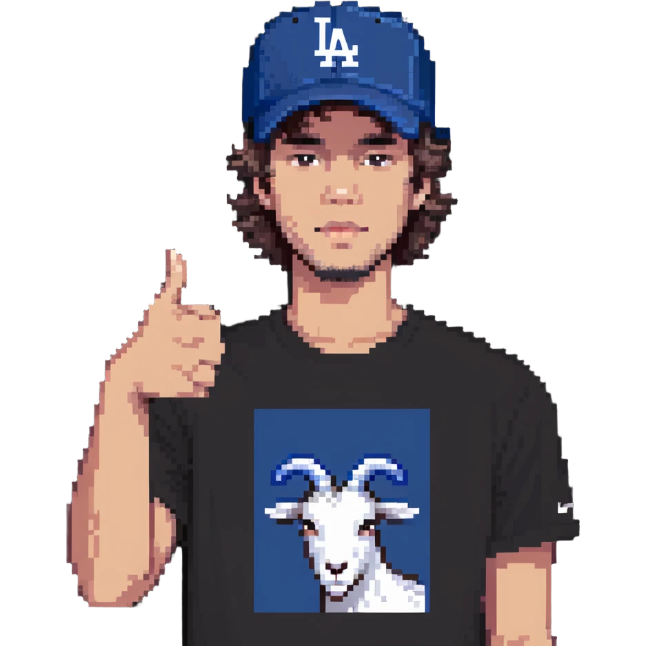 young man with a goat t-shirt, Dodgers hat, giving a thumbs down emoji
