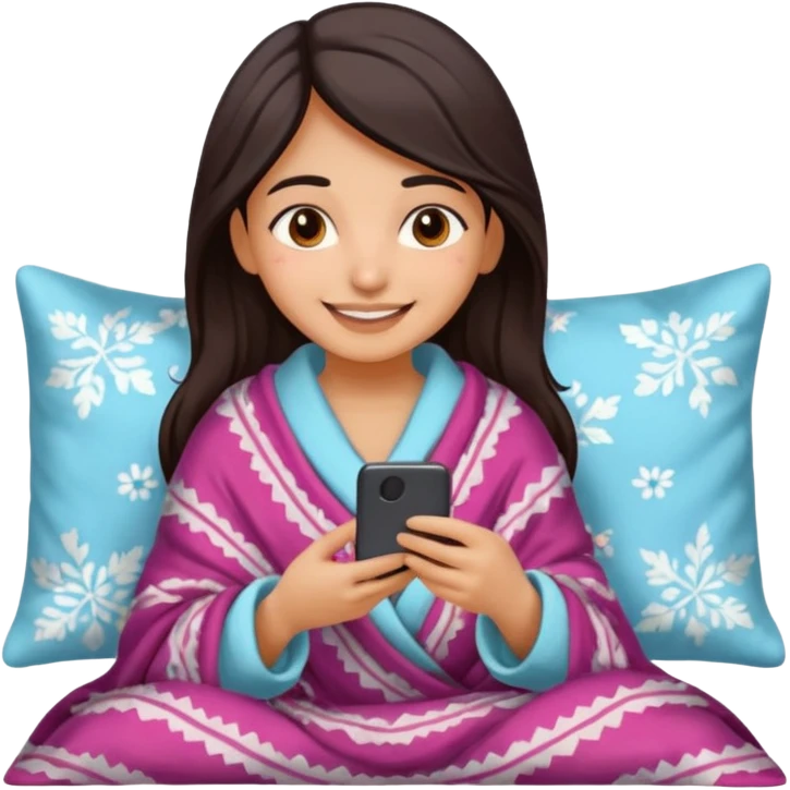 a pretty bratz fair indian girl covered in blanket, wearing pajamas, using phone emoji