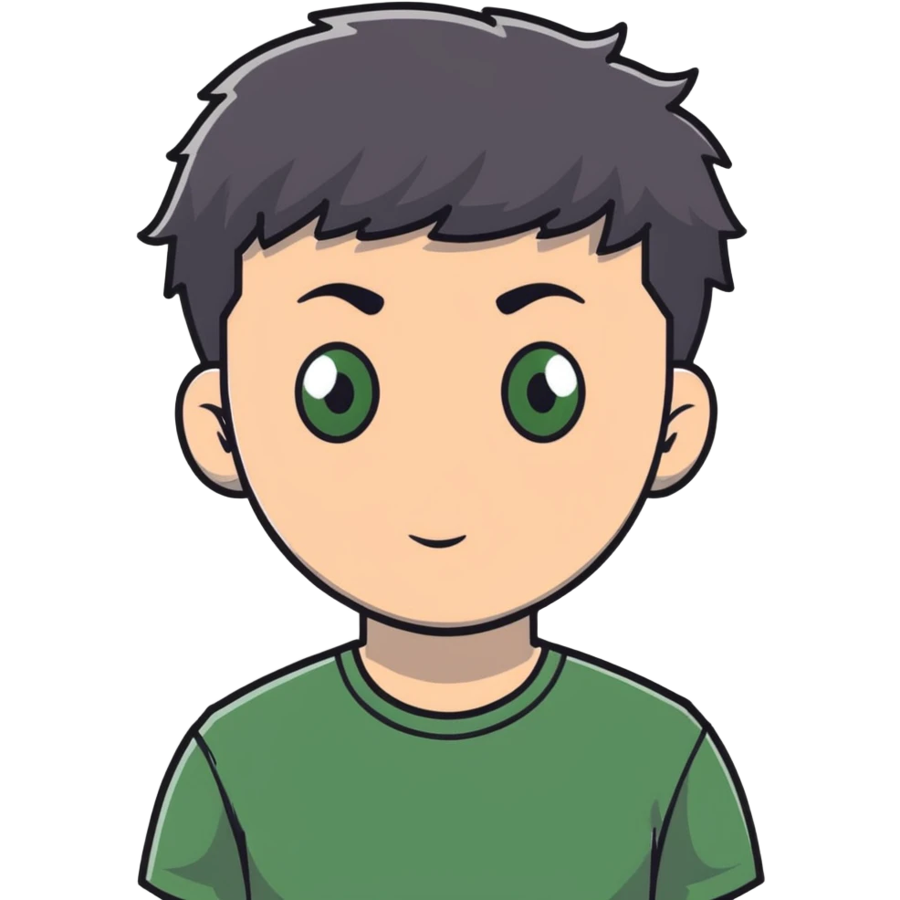 white man with dark messy short hair, dark green eyes, wearing a gray t-shirt emoji