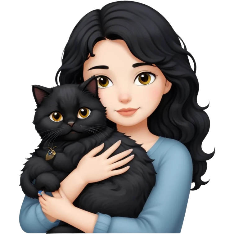 a beautiful medium size girl with black wavy hair hug a black persian cat emoji