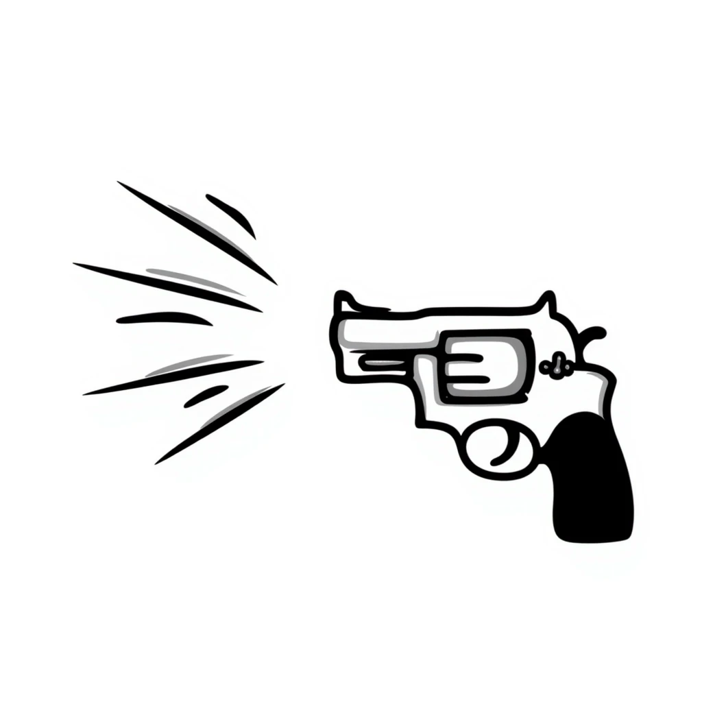 Hand-drawn gun firing with action lines and smoke emoji