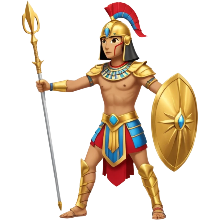 fullbody egyptian ancient soldier with spear and golden armor, gold spear, gold helmet, action stance, only gold colors, no red or blue emoji