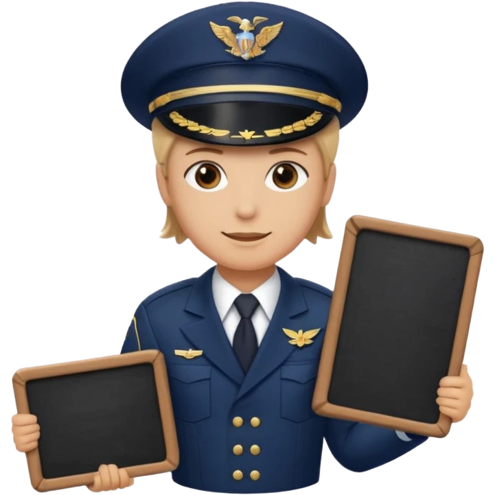 Slack-style emoji of a pilot wearing a navy captain hat holding a board with WIP on it emoji