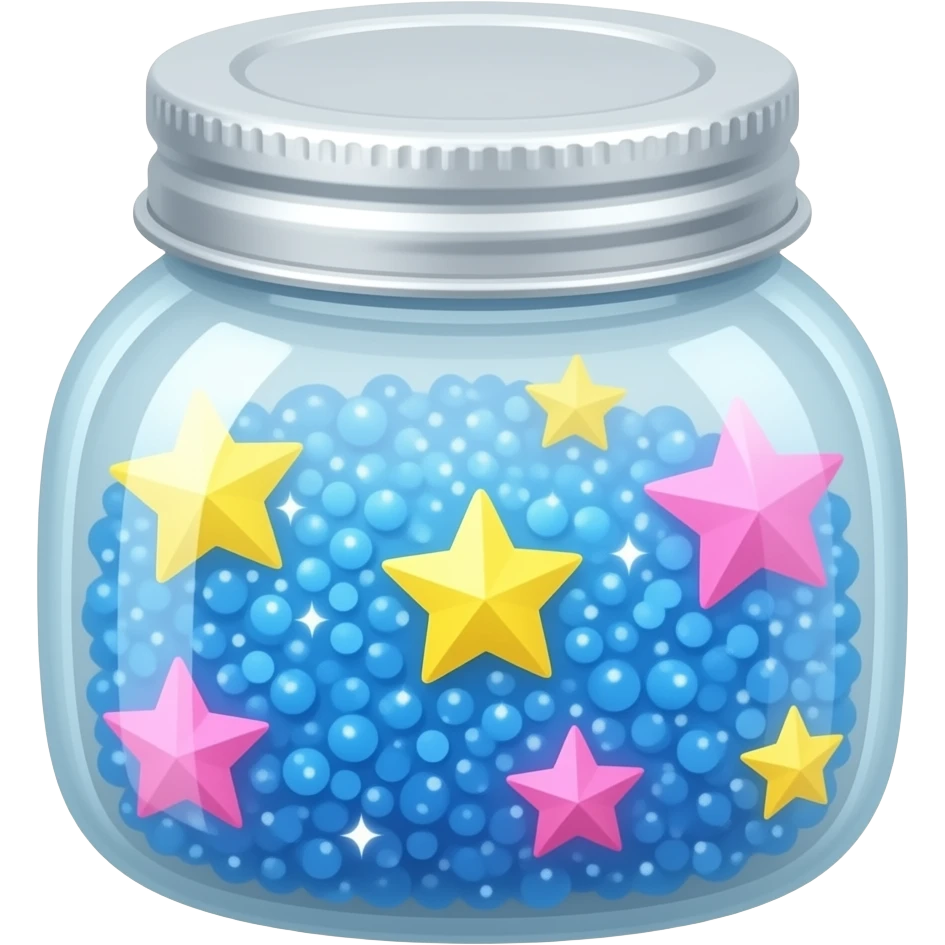 Pote tampado transparente  com estrelinhas azuis amarelas e rosas dentro emoji