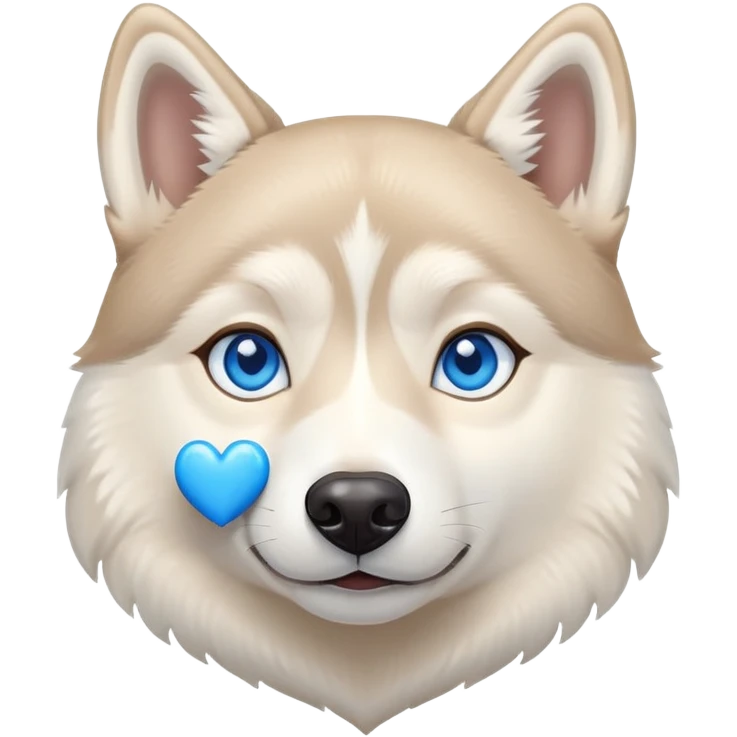 Beige husky with blue eyes holding a blue heart emoji