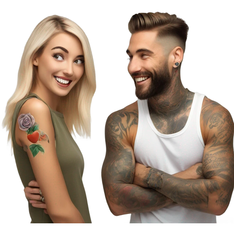 Photo Female model smiling at a very handsome tattooed man emoji