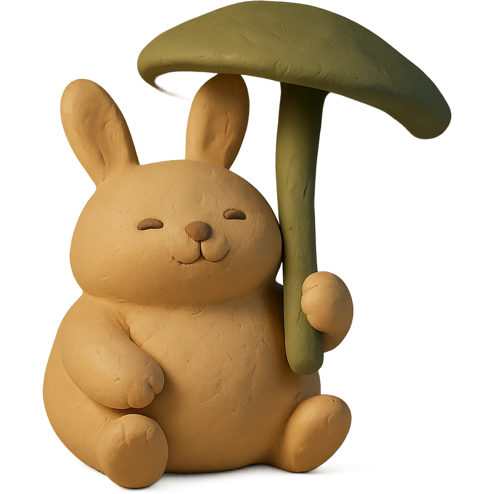 chubby bunny holding a mushroom umbrella, pastel beige and moss green, claymation style emoji