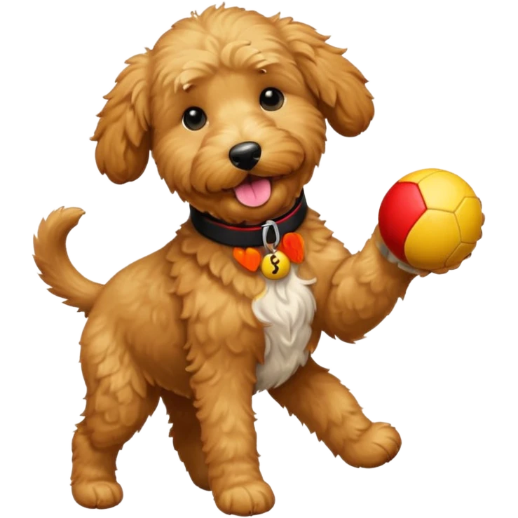 golden doodle with black collar catching a red and yellow ball emoji