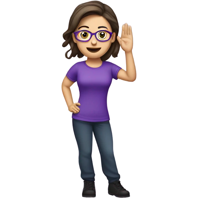 a caucasian brunette female, wearing a purple t-shirt and glasses, making the military salute gesture with her hand next to her head emoji