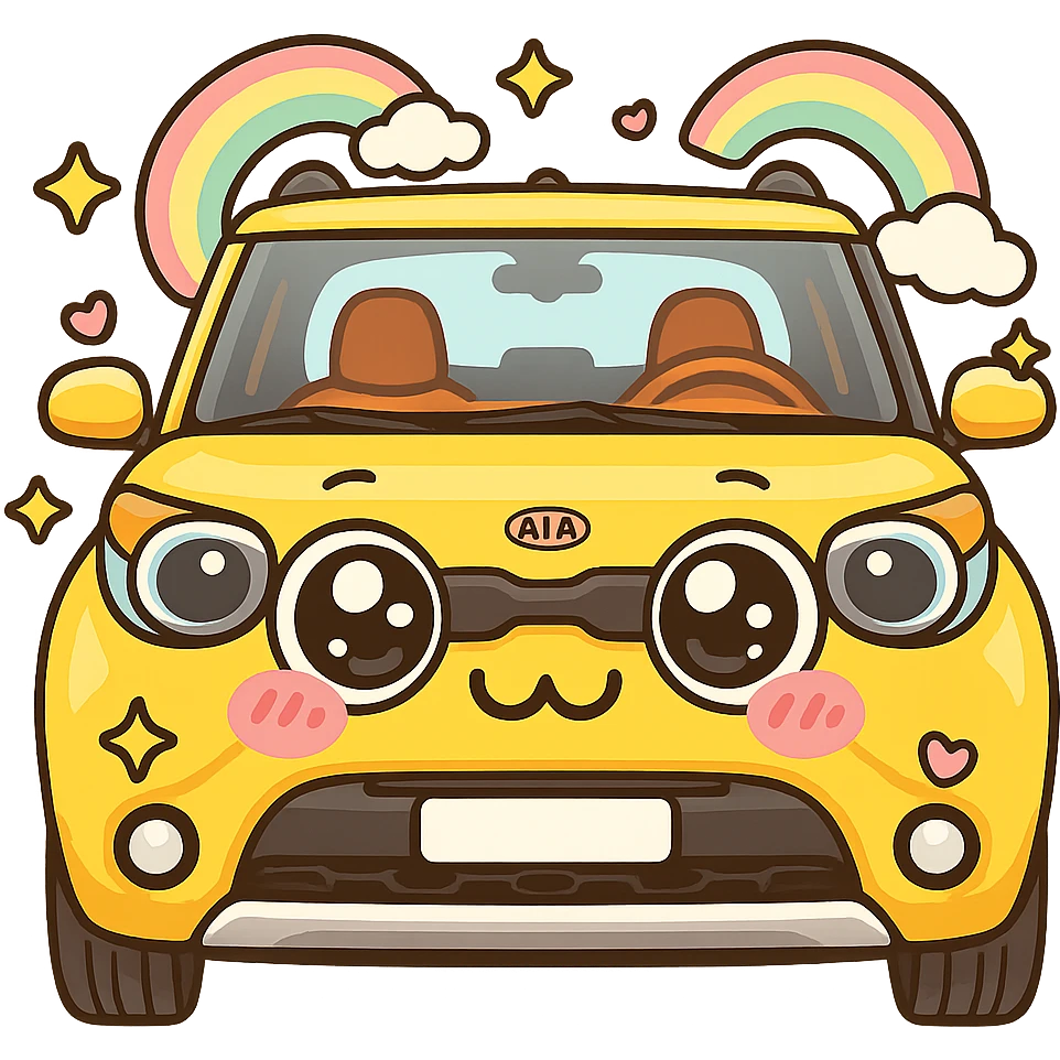 Add a very expressive kawaii face with big shiny eyes and pink cheeks to the car. Add rainbows around the car. Make the whole image even more kawaii. Keep the background transparent. The style should be cute and colorful with a kawaii aesthetic. emoji