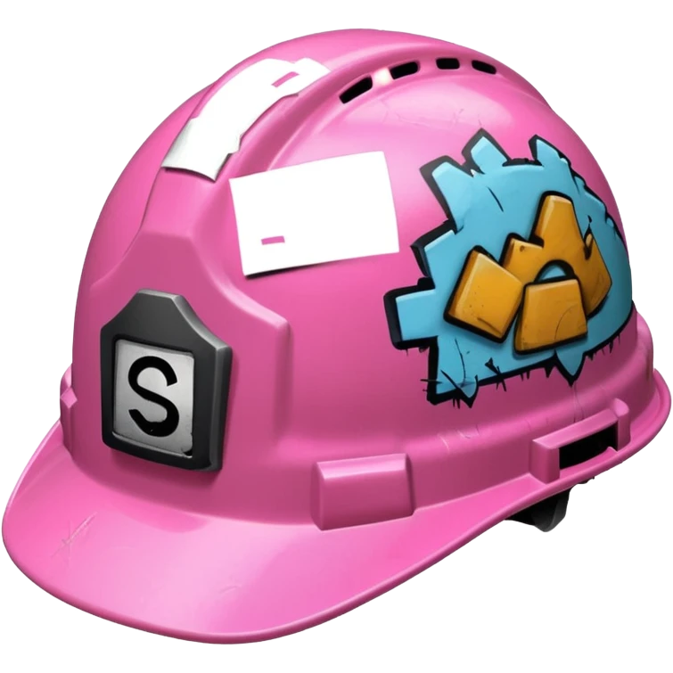 pink hard hat with graffity "</3" emoji