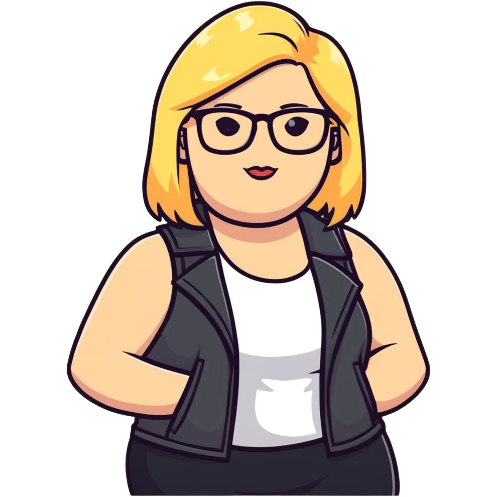 Plus size blonde person with glasses wearing a stylish vest emoji
