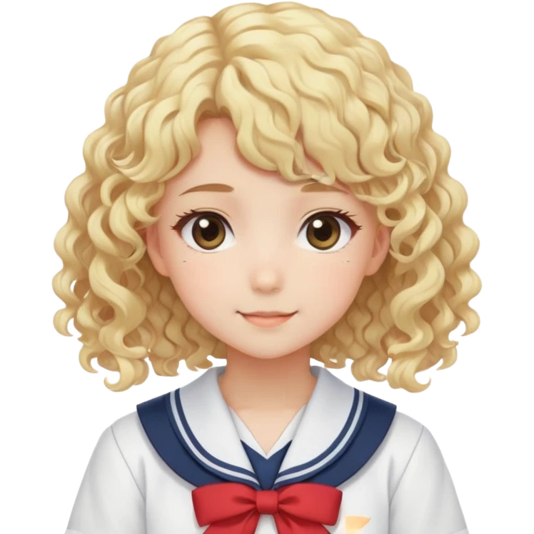 Sweet anime girl with blonde curly hair wearing Japanese sailor style school uniform, gentle smile, kawaii style emoji