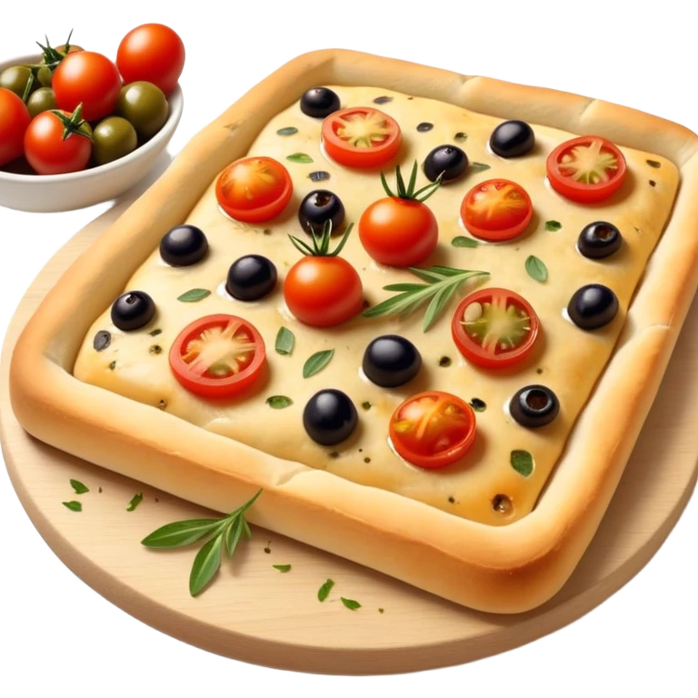 cinematic-realistic-isometric focaccia-bread-dish-emoji,-depicted-as-a-golden,-olive-oil-brushed-flatbread-sprinkled-with-herbs-rendered-with-lifelike-texture-and-soft,-appetizing-lighting showing olives on top and the cherry tomatoes sliced emoji