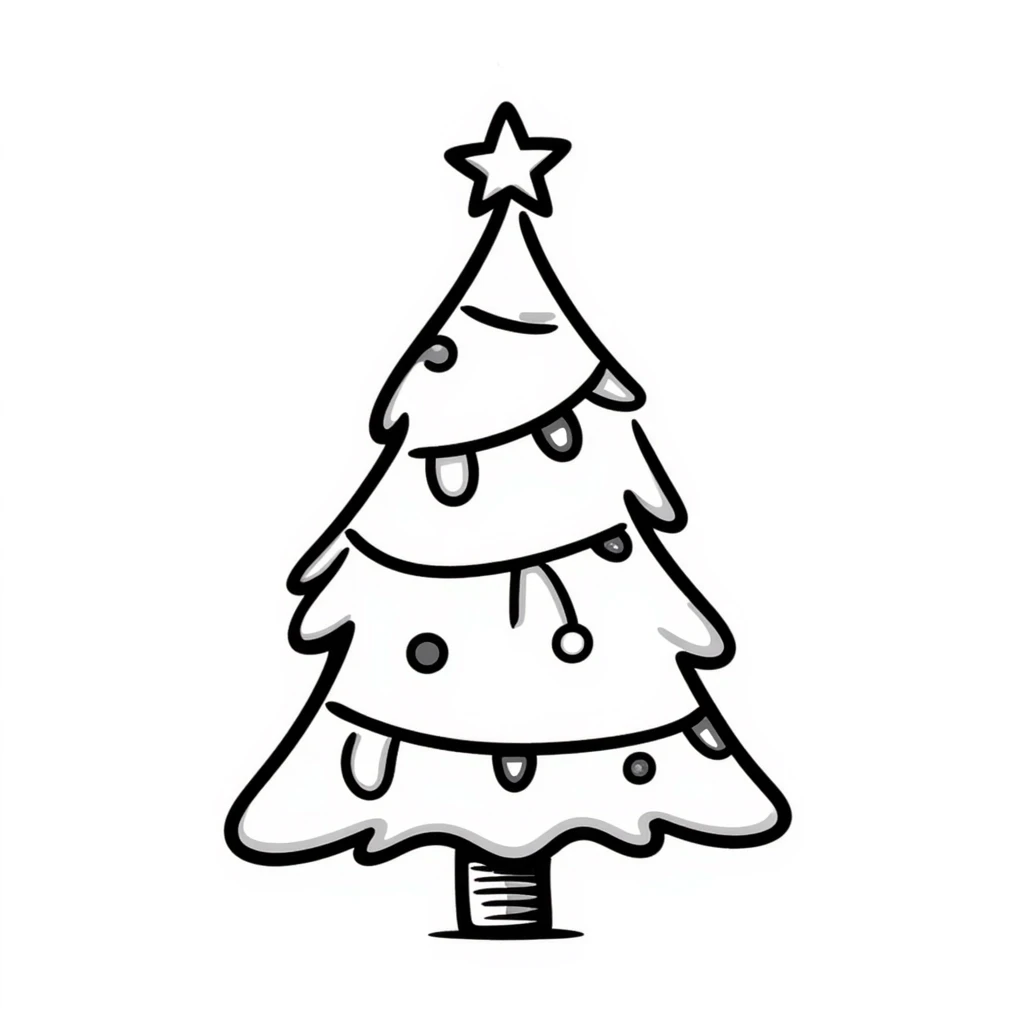 A Christmas tree with decorations in pastel colors (dd9fb0, ffc6d3, a3bfc9, c4bee2, f1b091), hand-drawn doodle style emoji