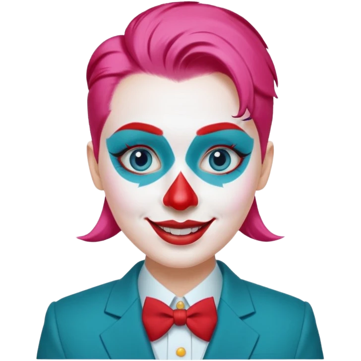 Pink slicked-back hair.

White face paint with blue eyebrows and eye makeup.

Big red nose and wide smile with red lipstick.

Wearing a teal suit with a yellow shirt and red buttons. emoji