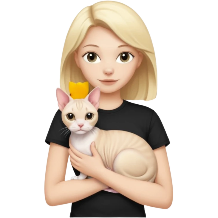 A white girl with blonde hair black T-shirt is holding a white Sphynx girl cat in her arms emoji