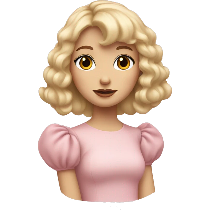 Blonde, pale girl with bangs and curly hair and a pastel pink puff sleeve dress emoji