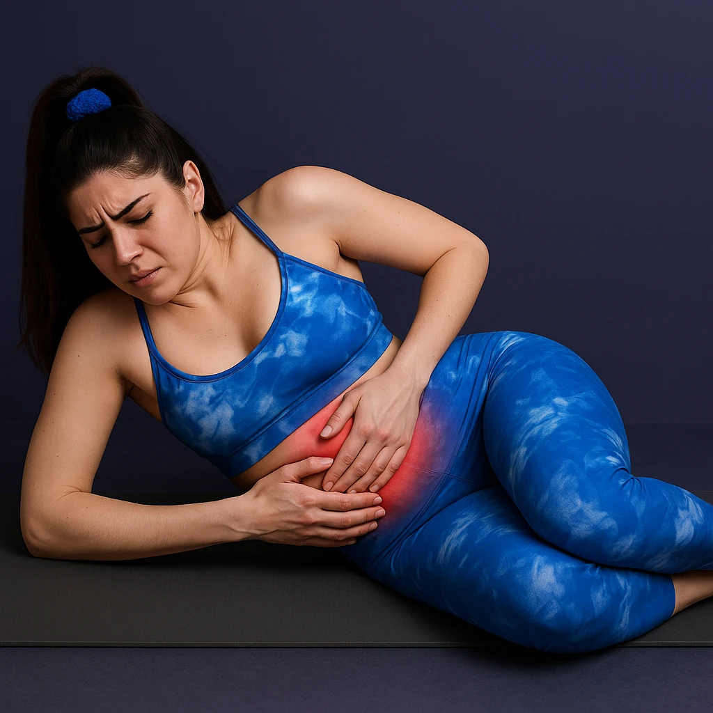 A slender woman in 4K, lying on a mat, knees bent, both hands pressing on the left hip, eyes closed in pain, visibly reddened hip area, inspired by the reference photo. emoji