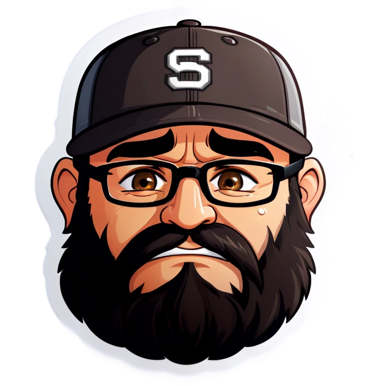 A man with a grey baseball cap, hazel eyes, big dark brown beard and glasses, crying with tears emoji
