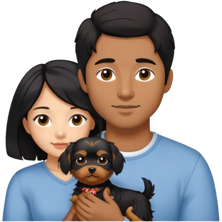 A couple holding holding a small Yorkshire Terrier together. The girl is an Asian girl with long, luscious wavy black hair (loose, no hair tie). She is standing beside a brown-skinned man with a short middle part haircut.  emoji