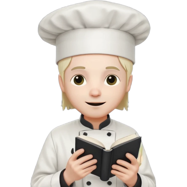 ["A happy man with pale skin, straight hair, wearing a chef hat and no glasses, dressed in goth fashion, is reading a book while holding a camera."] emoji