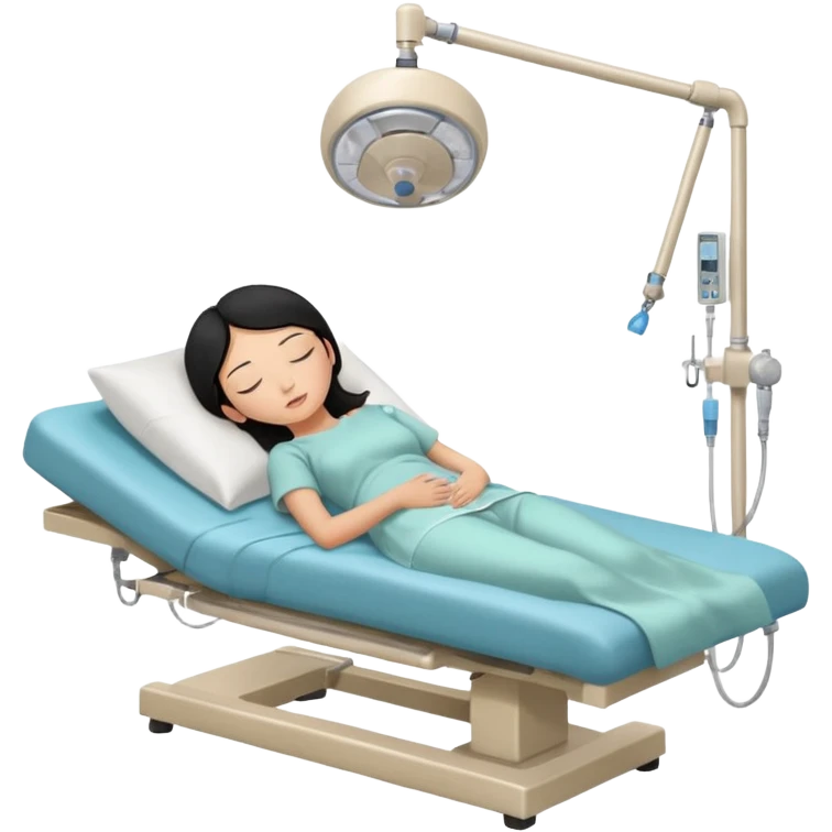 A female patient with black hair lying on an examination bed, head on a pillow and eyes closed, shown in a wide, full-body view in a clean colonoscopy procedure room. No medical staff visible. emoji