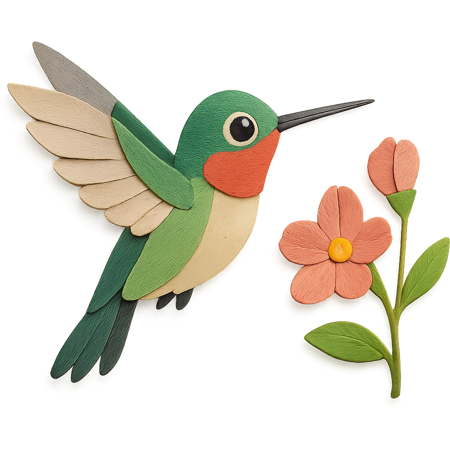 ruby-throated hummingbird in flight, layered paper wings, near blooming pink flowers, expressive eye emoji
