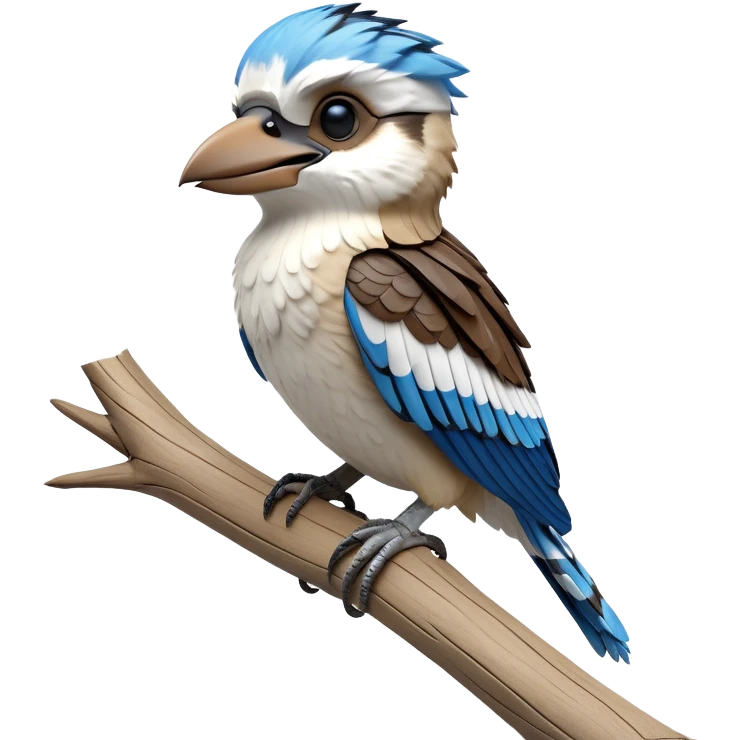 cinematic-kookaburra-realistic-full-body-perched-emoji,-compact-sturdy-frame-balanced-on-a-weathered-branch,-blue-and-white-feathered-wings-folded-neatly,-bold-striped-face-with-a-mischievous-glint-in-its-eye,-massive-sharp-beak-slightly-open-as-if-ready-to-laugh,-simplified-yet-realistic-focused-features,-highly-detailed,-glowing-with-a-warm-golden-light emoji