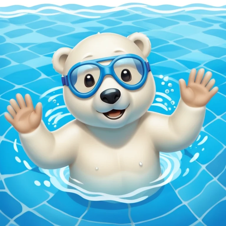friendly anthropomorphised polar bear swimming freestyle with excited expression, wearing blue swimming goggles, pool tiles and water visible emoji