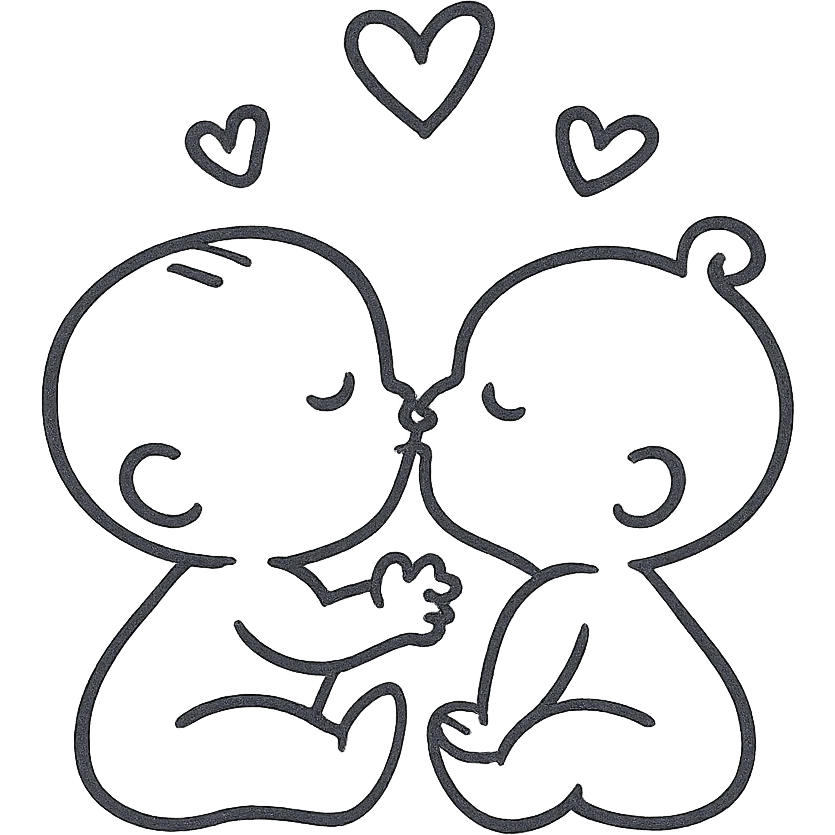 two babies kissing, heart shapes around, adorable and loving, minimal style emoji
