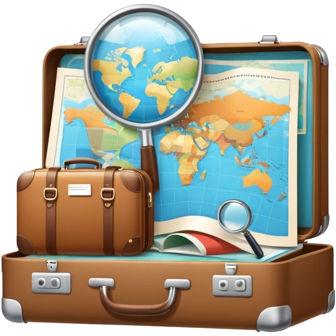 An icon featuring a suitcase, a hotel building, symbolizing the academic study of tourism and hospitality. The design includes a travel map and a magnifying glass, representing research into destinations and hospitality management. Transparent background emoji