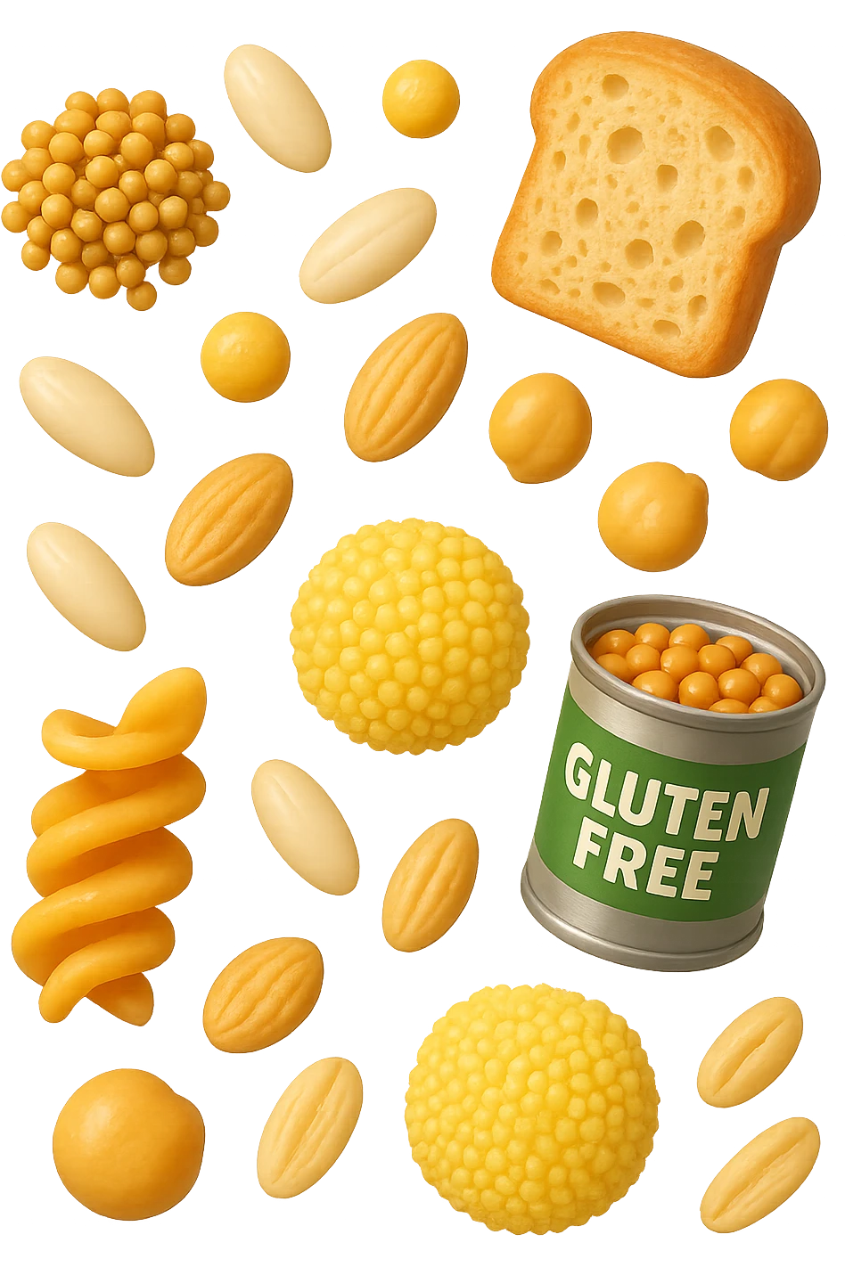 emoji stile iphone 3d di questi elementi che fluttuano in aria:

Riso, quinoa, avena, miglio, couscous senza glutine
Pasta e pane gluten-free
Farro a lievitazione lunga
Lenticchie e ceci in scatola

 che fluttuano sparse casualmente in aria, iperealistico 4k emoji