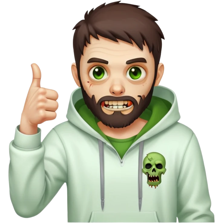 zombie with thumbs up gesture, undercut hairstyle with dark brown hair, short full beard, green eyes, wearing plain white hoodie emoji