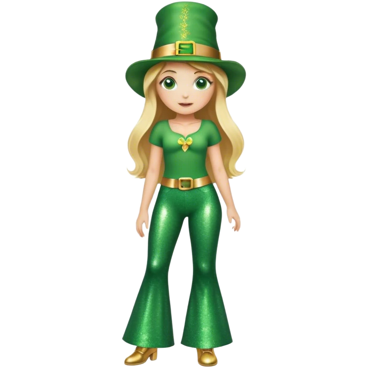 Blonde haired girl in glittery green bell bottoms and tall leprechaun hat emoji