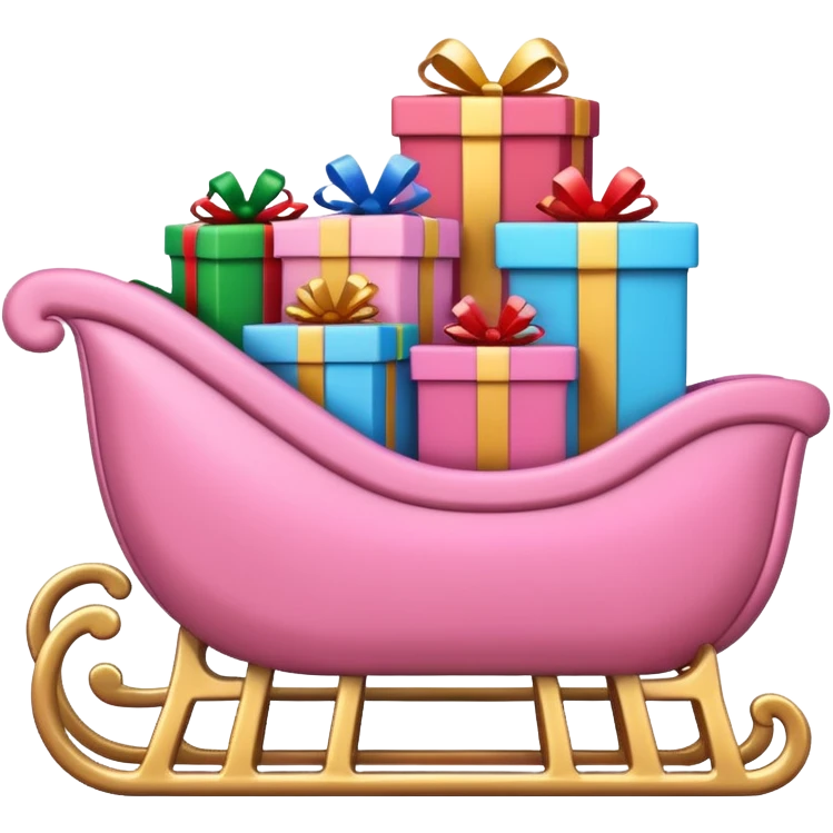 light pink Christmas sleigh piled with colorful gift boxes, emoji style emoji