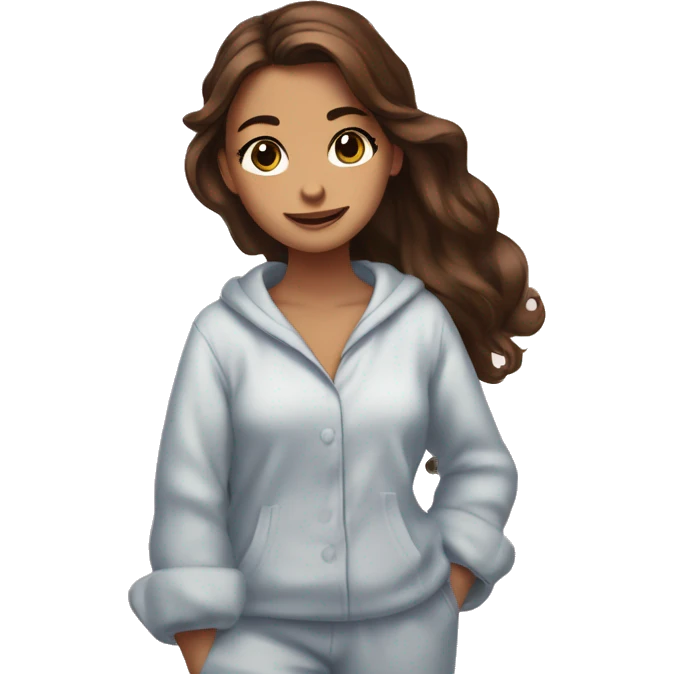 A girl with brown hair, brown eyes, absolutely stunning and gorgeous, and dancing with her pajamas that has Aespa on it emoji