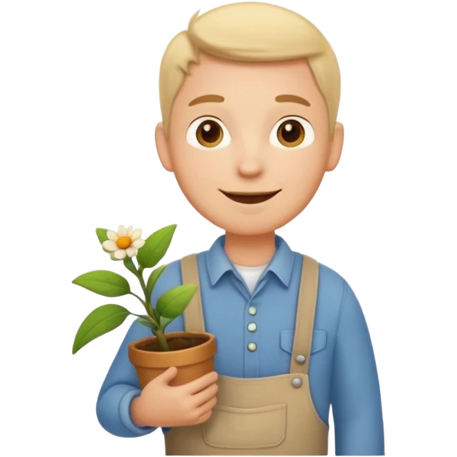 A calm, friendly male cartoon character with light skin, simple farm clothes, warm smile, holding a small plant or flower, stylized as a cute, readable emoji icon with soft earthy color emoji