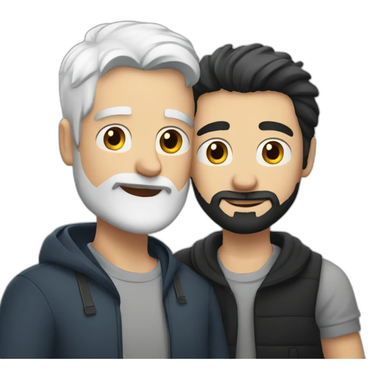 white haired guy and black haired guy with a beard hugging emoji