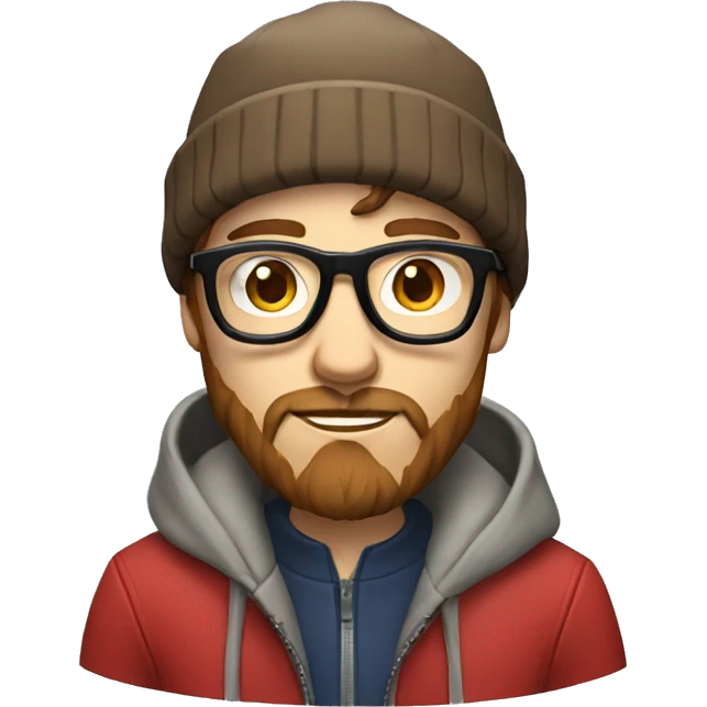a hipster with short brown hair, glasses, a beanie, with a red jacket on, with a light beard emoji