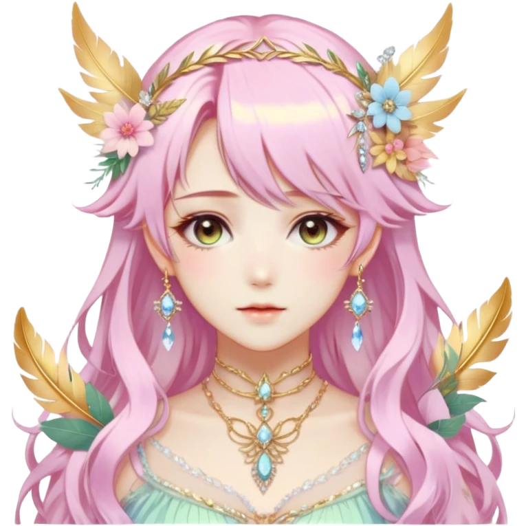 Beautiful gorgeous anime lady with beautiful pastel-special-hair, fashion aesthetic, ethereal, fairycore, pastelcore, feather, flower, crystals, accessories, gold jewelries, gold, colorful, gold laurel, gold halo, cottagecore,  emoji