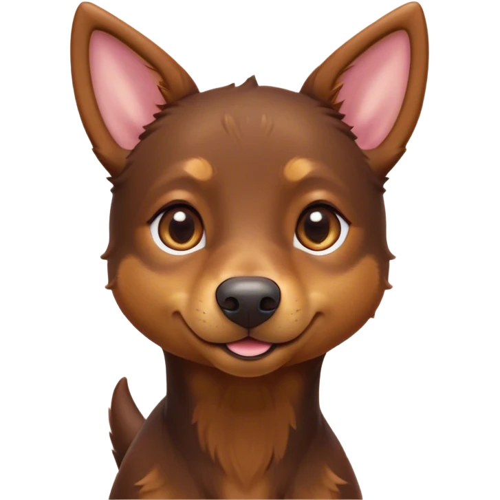 Cinematic Cute Brown and Tan Kelpie Portrait Emoji, Head tilted playfully and inquisitively, featuring a glossy brown Fur with vibrant tan accents, round, sparkling warm eyes filled with curiosity, Simplified yet irresistibly adorable features, highly detailed, glowing with a warm, friendly glow, high shine, affectionate and spirited, stylized with a touch of whimsy, bright and endearing, soft glowing outline, capturing the essence of a mischievous yet loving herder, so playful it feels like it could leap out of the screen and into your arms! emoji