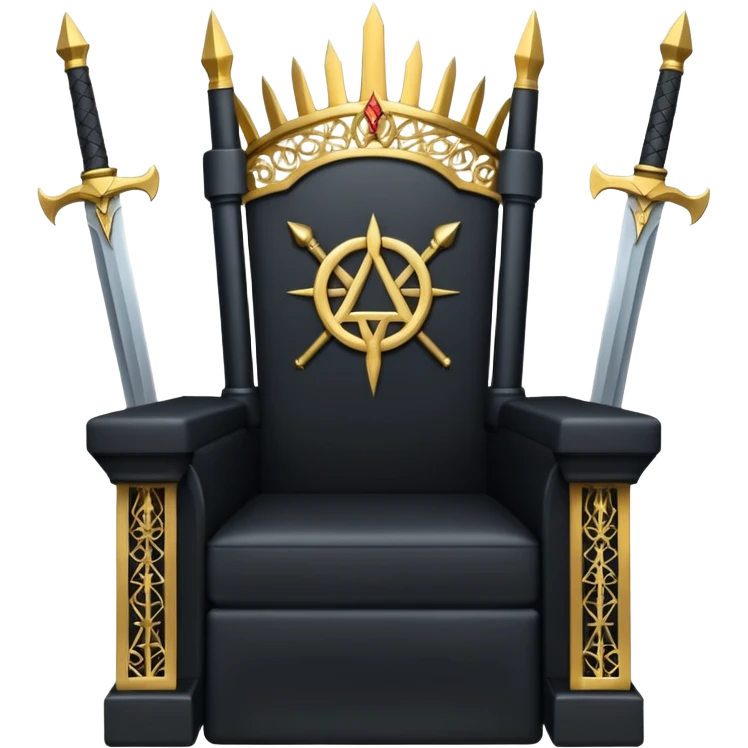 wide big iron black throne made of swords with gold filigree and central Illuminati symbol emoji