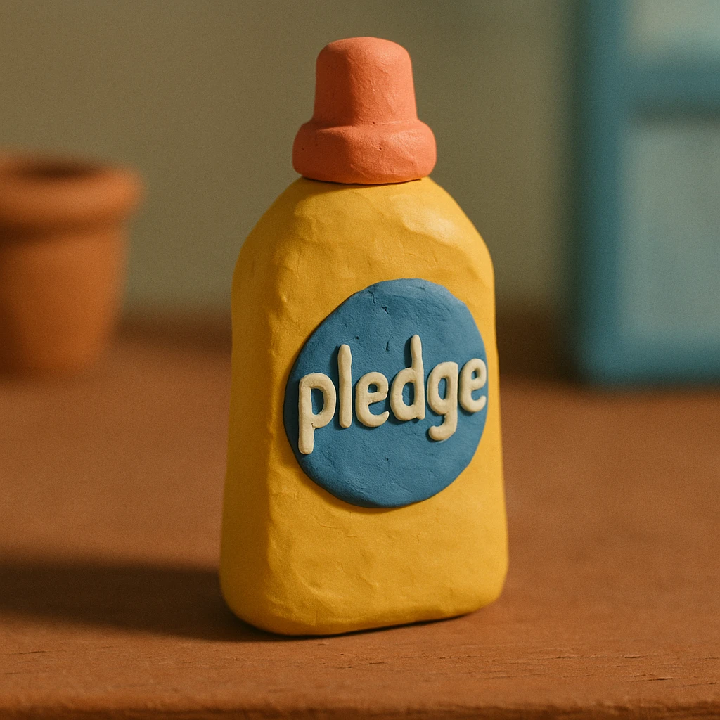 claymation style close-up of Pledge-like furniture polish bottle on a wooden table, soft lighting, pastel colors emoji