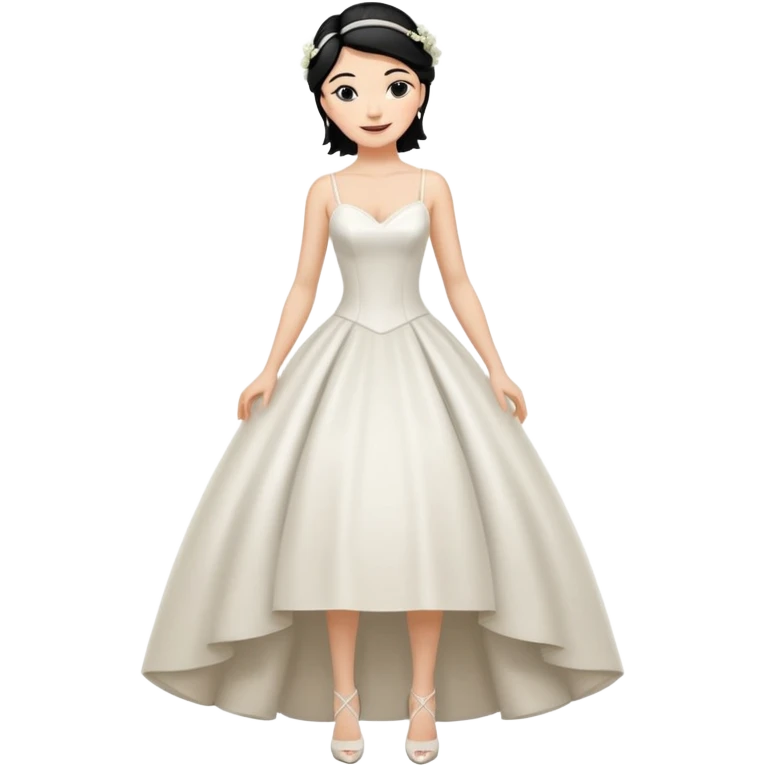 Chica blanca,cuerpo entero, vestido boda tirantes finos, pelo negro recogido con mechones y zapatos tacon emoji