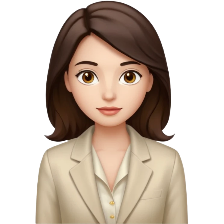 Tom de pele: clara com fundo rosado
Cabelos: longos, castanho escuro, levemente ondulados
Sobrancelhas: bem definidas e cheias
Olhos: castanhos claros (podem ser destacados com brilho)
Traços marcantes: lábios cheios e sorriso suave
Roupa: blazer branco acinturado, top de seda bege por baixo emoji