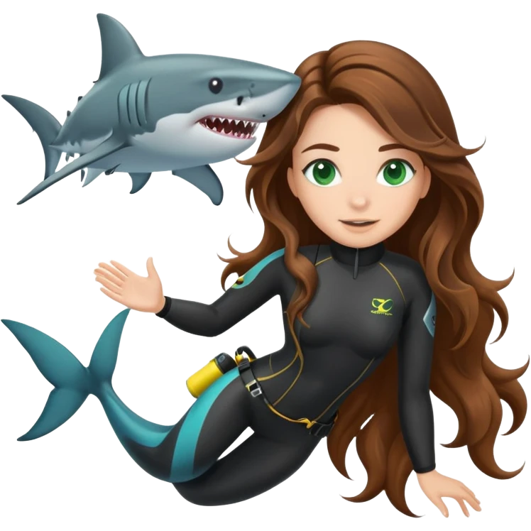 A scuba (long brown wavy hair green eyes) girl and a shark emoji