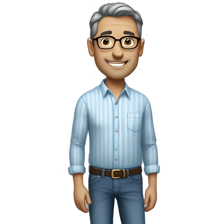 A middle-aged healthy man with short dark hair and glasses, wearing a light blue striped shirt and jeans, standing casually with one hand in his pocket, smiling gently against a plain, neutral background. emoji