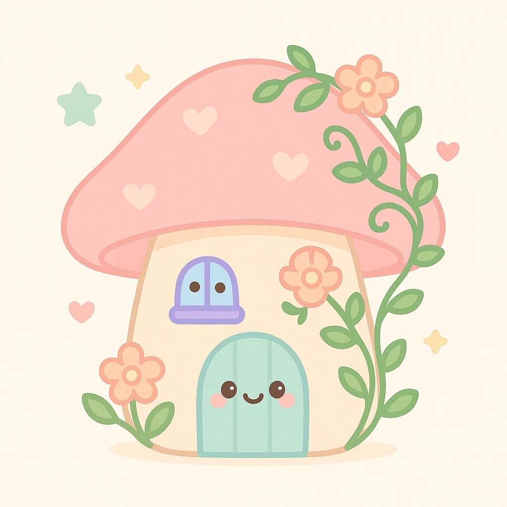 a pink mushroom house with vines and flowers, cottagecore style, dreamy and cozy emoji